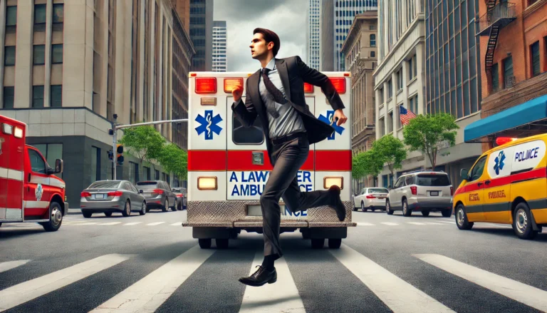 create an image of a lawyer chasing an ambulance